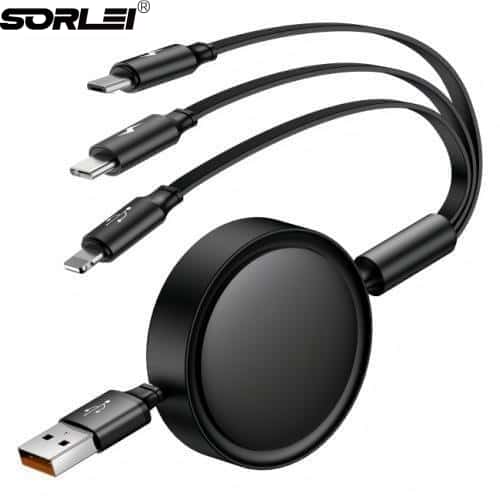 60W 3A Multi Retractable 3 in 1 Charger Cable for USB C Lightning Micro USB