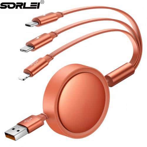60W 3A Multi Retractable 3 in 1 Charger Cable for USB C Lightning Micro USB