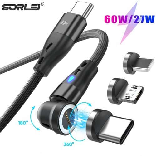 3A Fast Charging 540 Degree Rotating 3 in 1 Braided  Nylon Magnetic Data Charging Cable