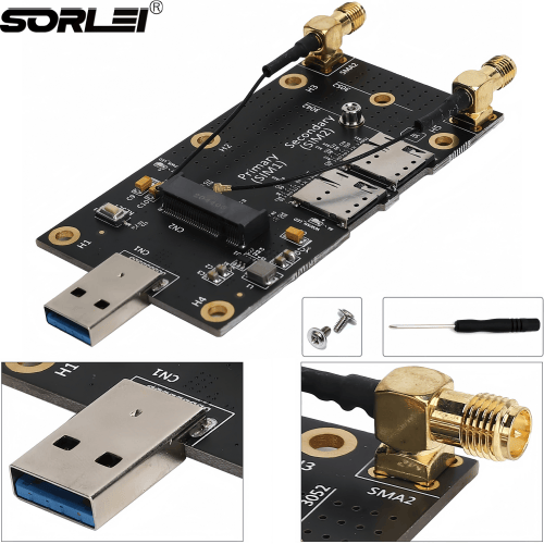 NGFF M.2 to USB 3.0 Adapter with 2 Antennas M2 Key B to USB 3.0 Type A Converter Riser Card with Dual Nano SIM Card Slots for 3G 4G 5G WWAN LTE Module